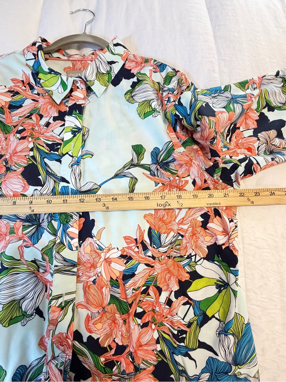 Chico's Mint Floral Button-Down Shirt with Coral, Navy & Green Accents - Picture 7 of 10